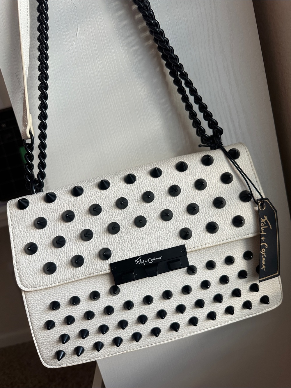 Foley + Corinna White Shoulder Bag with Black Studs